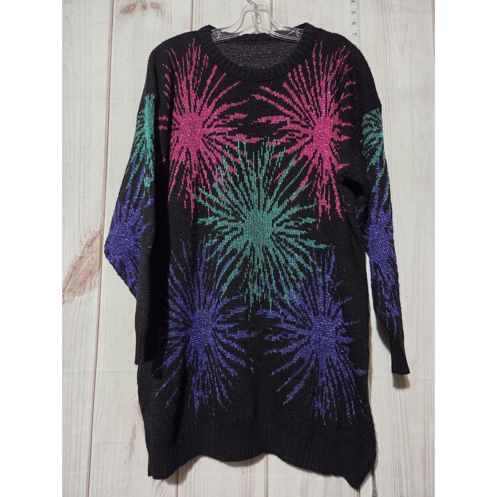 Fireworks Sweater Womens Extra Large Black Neon Pink Green Purple‎ Knit Pullover